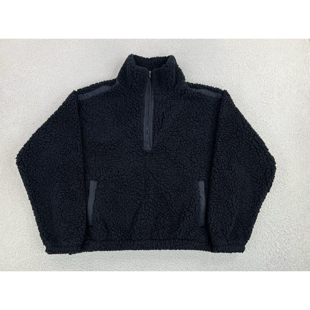 Athleta Jacket Womens Medium Black Sherpa Fleece 1/4 Zip Pullover Short Cozy